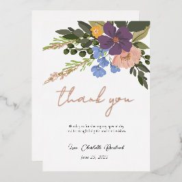 パープルフローラと緑のブライダルシャワーありがとう 箔招待状