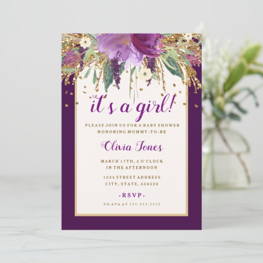 パープルフローラアメジストベビーシャワー招待状 招待状 (スタンド正面)