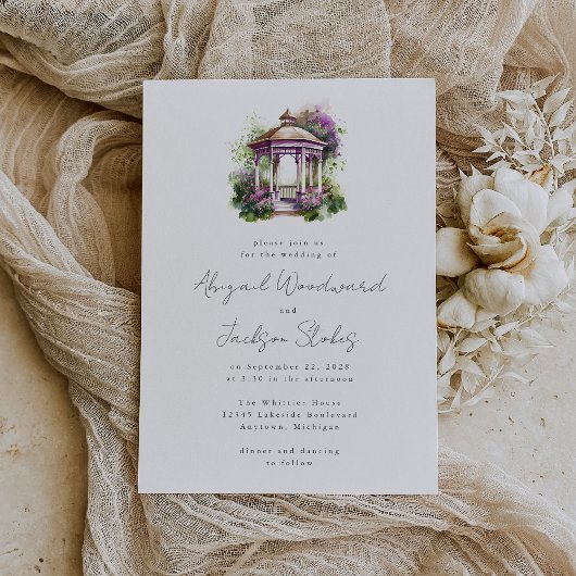 パープルフローラウォーターカラーガゼボ結婚式招待状 招待状
