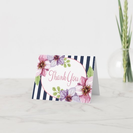 パープルフローラウォーターカラーサンキューブルーストライプ サンキューカード (正面)