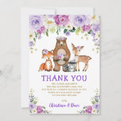パープルフローラウッドランドフォレストベビーシャワー誕生日 サンキューカード (正面)