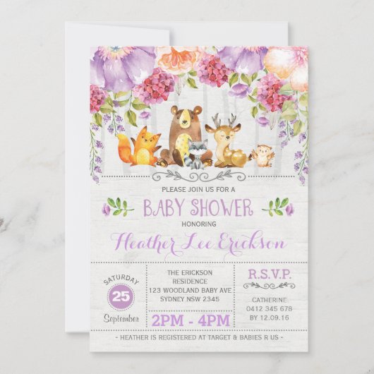 パープルフローラウッドランド動物ベビーシャワー招待状 招待状 (正面)