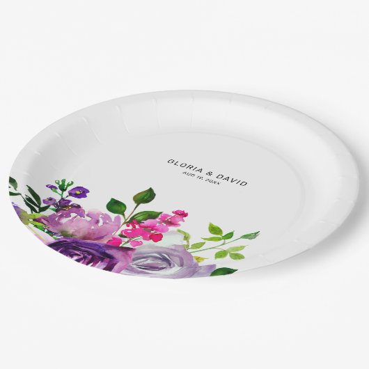 パープルフローラエレガントな結婚式 ペーパープレート (アングル)