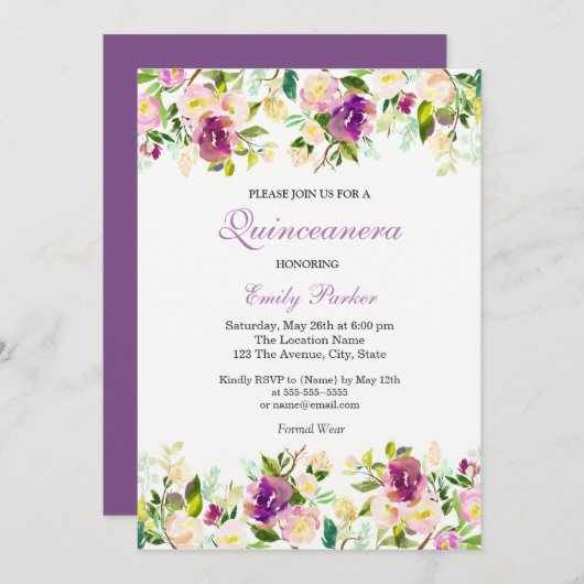 パープルフローラエレガントキンセアニェラ招待状 招待状 (正面/裏面)