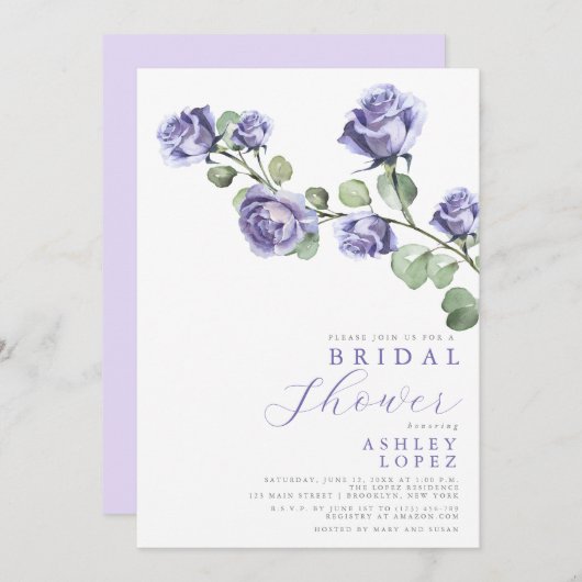 パープルフローラエレガントミニマルブライダルシャワー 招待状 (正面/裏面)