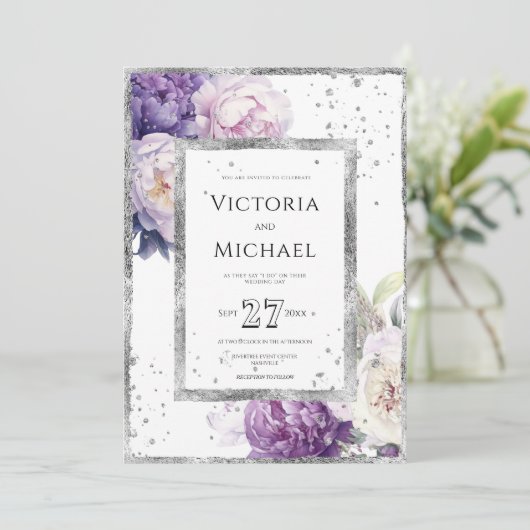 パープルフローラエレガント牡丹結婚銀 招待状 (スタンド正面)