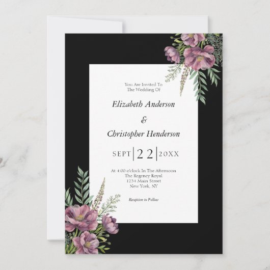 パープルフローラエレガント結婚モダン白黒 招待状 (正面)