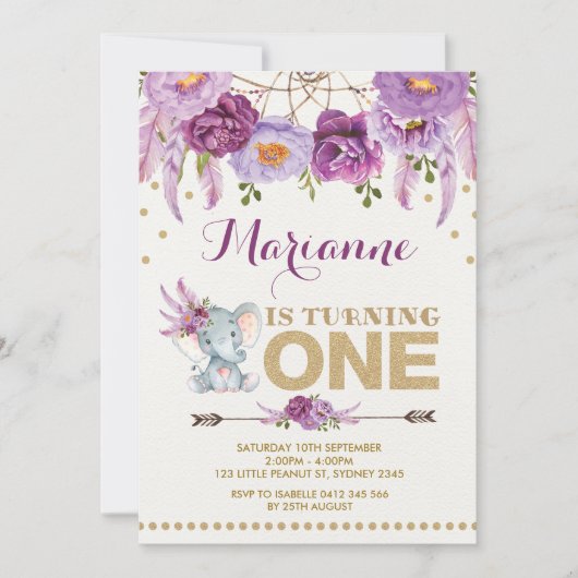 パープルフローラエレファントボホ誕生日招待状 招待状 (正面)