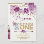 パープルフローラエレファントボホ誕生日招待状 招待状 (正面/裏面)