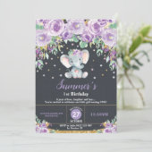 パープルフローラエレファント1歳の誕生日の黒板 招待状 (スタンド正面)