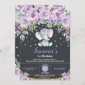 パープルフローラエレファント1歳の誕生日の黒板 招待状 (正面/裏面)
