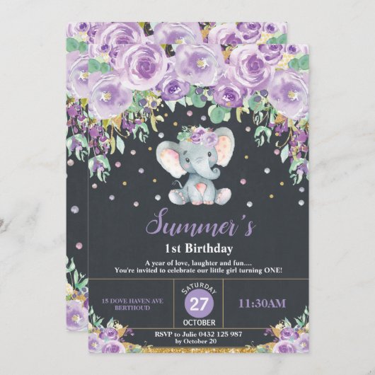 パープルフローラエレファント1歳の誕生日の黒板 招待状 (正面/裏面)