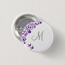 パープルフローラオリーブグリーンイニシャルスクリプトモノグラム 缶バッジ