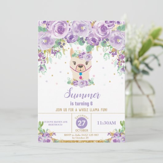 パープルフローラカウトラマバースデーパーティーガール 招待状 (スタンド正面)