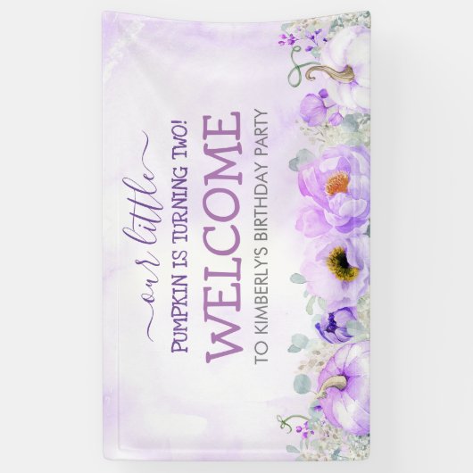 パープルフローラカボチャ秋バースデーパーティーへようこそ 横断幕 (縦)