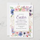 パープルフローラガーデンイースターお祝い 招待状 (正面)