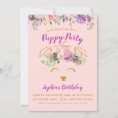 パープルフローラガーデンパピーパーティー誕生日金ゴールド 招待状 (正面)