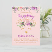 パープルフローラガーデンパピーパーティー誕生日金ゴールド 招待状 (スタンド正面)