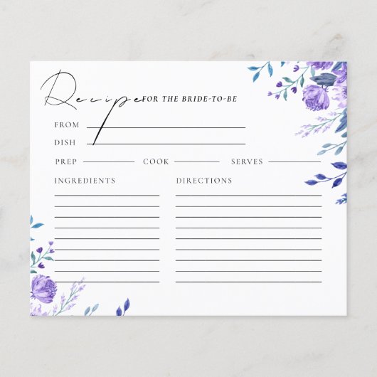 パープルフローラガーデンブライダルシャワーレシピカード (正面)