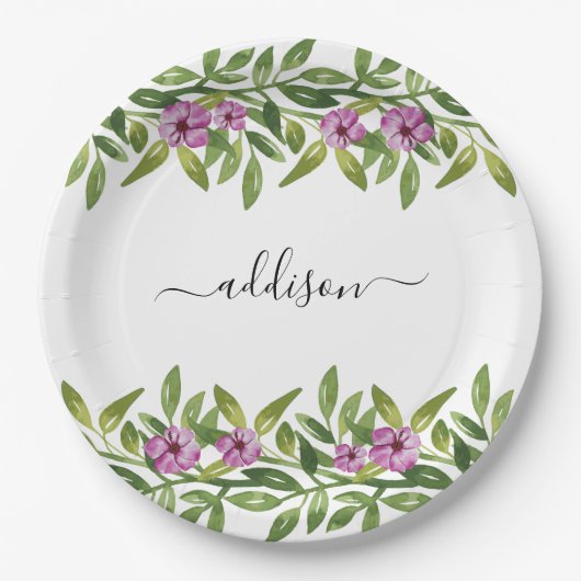パープルフローラガーランドとタイポグラフィ春 ペーパープレート (正面)