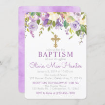 パープルフローラガールバプテスマ招待状