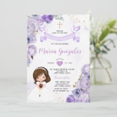 パープルフローラガールファースト聖餐式金ゴールドクロス 招待状 (スタンド正面)