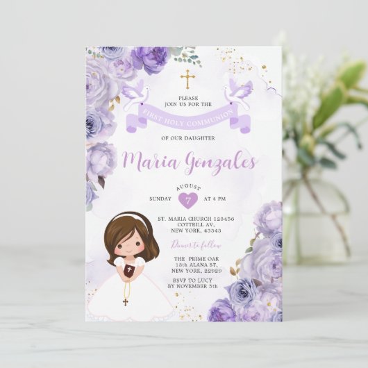 パープルフローラガールファースト聖餐式金ゴールドクロス 招待状 (スタンド正面)