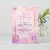 パープルフローラガールベビーイン開花ベビーシャワー 招待状 (スタンド正面)