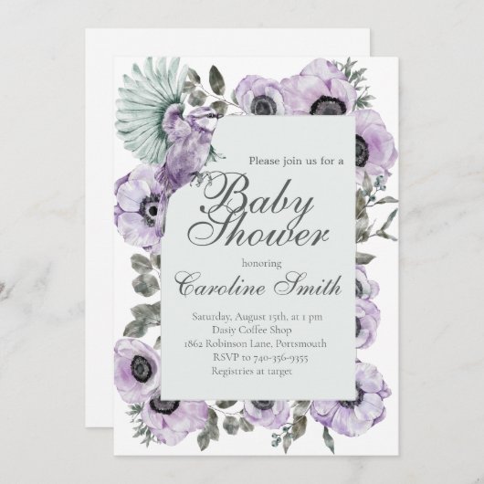 パープルフローラガールベビーシャワー招待状 招待状 (正面/裏面)