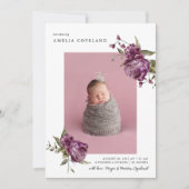 パープルフローラガールベビー写真誕生のお知らせ 案内状 (正面)