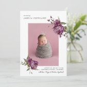 パープルフローラガールベビー写真誕生のお知らせ 案内状 (スタンド正面)