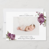 パープルフローラガールベビー写真誕生のお知らせ 案内状 (正面)