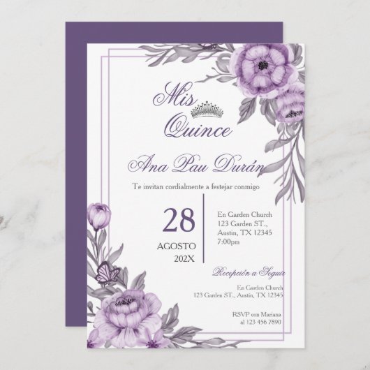 パープルフローラキンセアニェラ招待状 招待状 (正面/裏面)