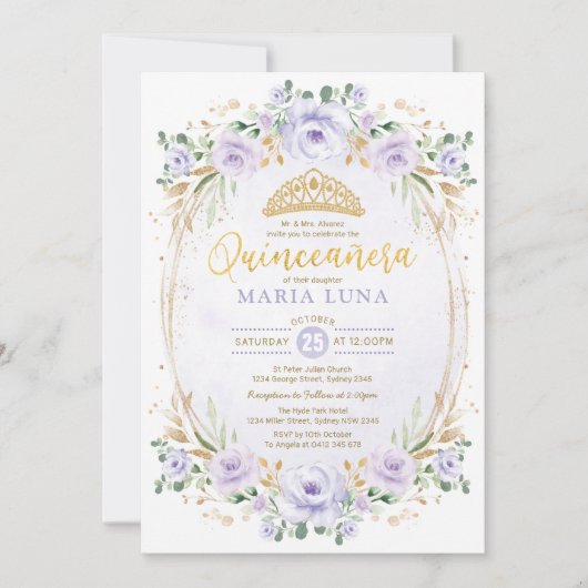 パープルフローラキンセアニラミスカンス15誕生日 招待状 (正面)