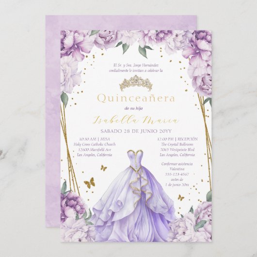 パープルフローラクインセアニラ招待状スペインのイン 招待状 (正面/裏面)