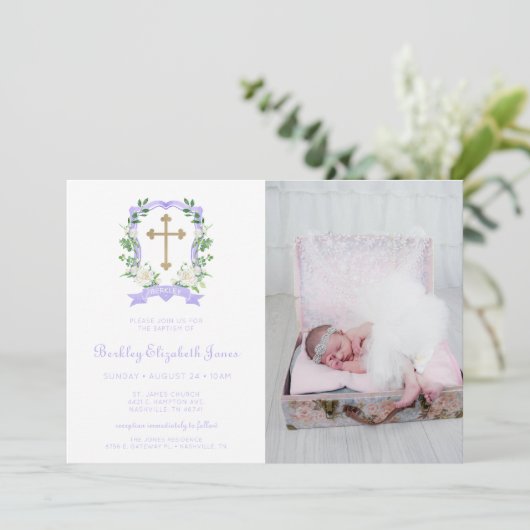 パープルフローラクレストフォトバプテスマ招待状 招待状 (スタンド正面)