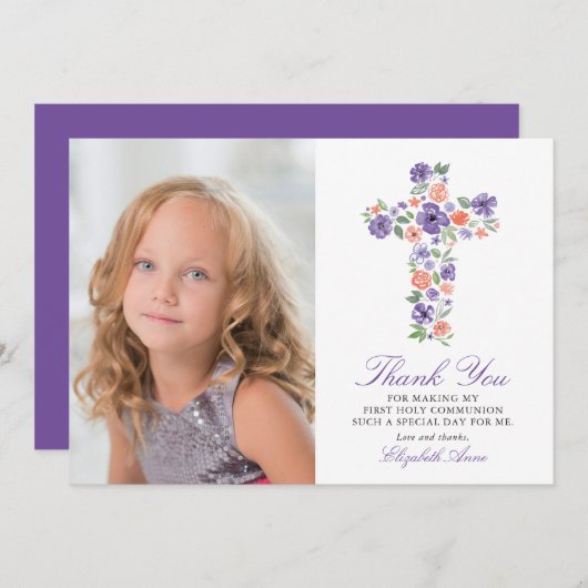 パープルフローラクロスファースト聖餐式 サンキューカード (正面/裏面)