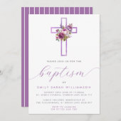 パープルフローラクロスベビーバプテスマ 招待状 (正面/裏面)