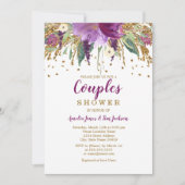 パープルフローラグリッターきらめくカップルのシャワー 招待状 (正面)