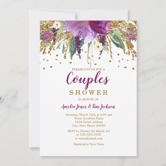 パープルフローラグリッターきらめくカップルのシャワー 招待状 (正面)