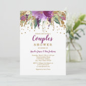 パープルフローラグリッターきらめくカップルのシャワー 招待状 (スタンド正面)
