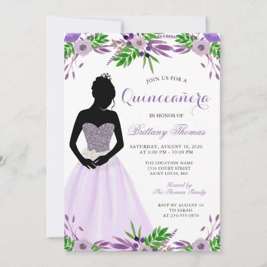 パープルフローラグリッターキンセアニェラ15誕生日 招待状 (正面)