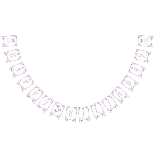 パープルフローラグリッターバタフライ誕生日バナー バンティングフラッグ (全)