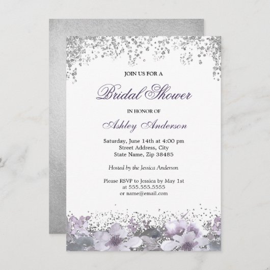 パープルフローラグリッターブライダルシャワー招待 招待状 (正面/裏面)