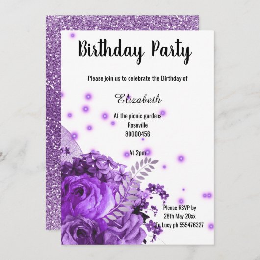 パープルフローラグリッター誕生日 招待状 (正面/裏面)
