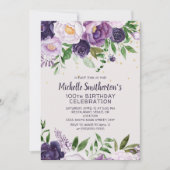 パープルフローラグリッター100誕生日 招待状 (正面)