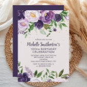 パープルフローラグリッター100誕生日 招待状