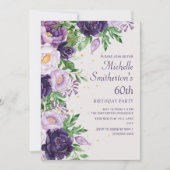 パープルフローラグリッター60誕生日 招待状 (正面)