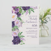 パープルフローラグリッター60誕生日 招待状 (スタンド正面)