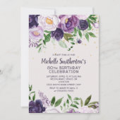 パープルフローラグリッター80番目の誕生日招待状 招待状 (正面)